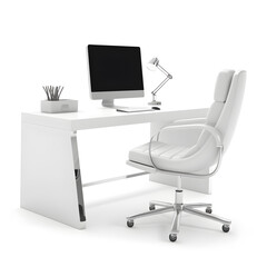 Office desk and chair on a white background.