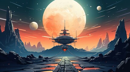 An illustration alien space station flying over a mountain with a moon in the background AI Generated