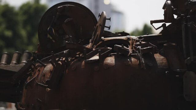 Kyiv, Ukraine - May 24, 2023: Burnt turret of Russian T-72 tank, close-up. Burnt russian tank. Burnt Russian military equipment in the center of Kyiv. War in Ukraine. Destroyed Russian T-72B tank
