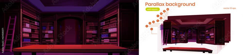 Poster library room with bookshelf interior animation vector background. parallax night school or universit
