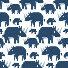 Seamless pattern in the form of cute rhinos. Funny hand-drawn animals. Creative children's background in Scandinavian style. Vector illustration of safari. Rhinoceros on white background