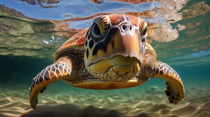 Sea turtles swim underwater with their head above the water.