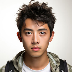 Obraz premium A 21-year-old Japanese man exudes confidence as he looks directly into the camera in a professional studio headshot.