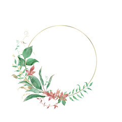 Watercolor gold round frame of green and pink branches, leaves