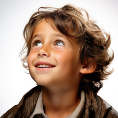 Fototapeta premium A professional studio head shot of a 9-year-old Israeli boy with a hopeful expression, looking upwards.