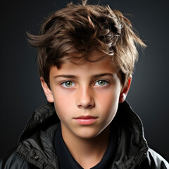 Professional studio head shot of a confident 12-year-old Montenegrin boy with a self-assured look.