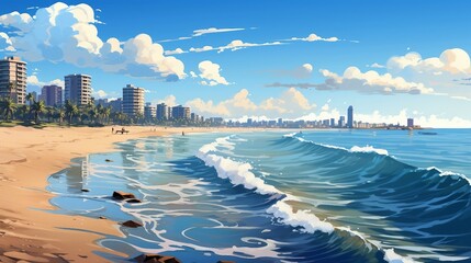 An illustration of a beach with a city in the background AI Generated