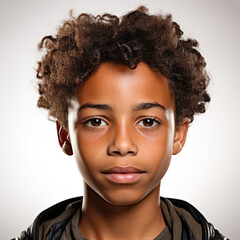 A professional studio head shot of a calm 11-year-old Mauritanian boy with a serene expression on his face.