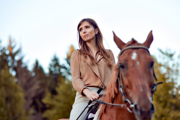 Obraz premium Saddle-bound excursion. Mounted exploration. Equestrianism, horseback riding, and horse-related sports offer a range of benefits, including nature-based relaxation. Horse riding lesson. Copy space