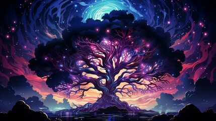 An illustration of a fantasy tree with colorful sky AI Generated