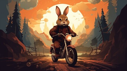 A rabbit riding a motorcycle at sunset AI Generated