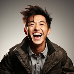 Obraz na płótnie Canvas A professional studio headshot capturing the jubilant laughter of a 25-year-old Chinese man.