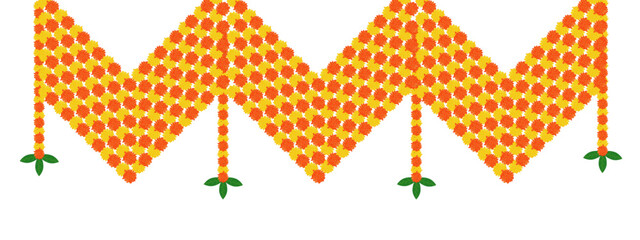 Traditional indian marigold floral garland vector,wedding and festival decoration,border flower decoration with transparent background