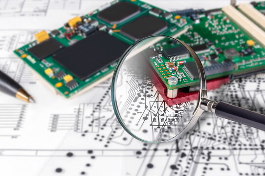 Electronic modules, magnifying glass and pen on background of  schematic circuit diagram. Concept for development and design of electronic devices.