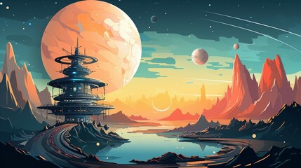 An illustration of a landscape with a futuristic building near a lake on alien planet AI Generated