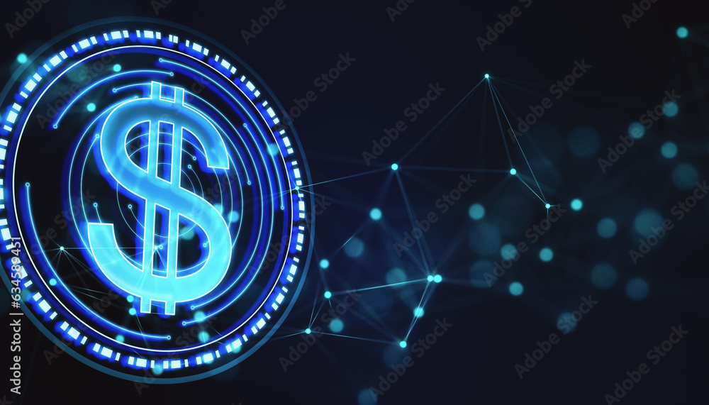 Poster Abstract digital blue dollar coin with polygonal bokeh mesh on blurry background. Online banking and trade concept. 3D Rendering.