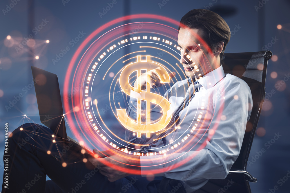 Poster attractive young businessman sitting and using laptop with abstract red digital dollar coin with pol