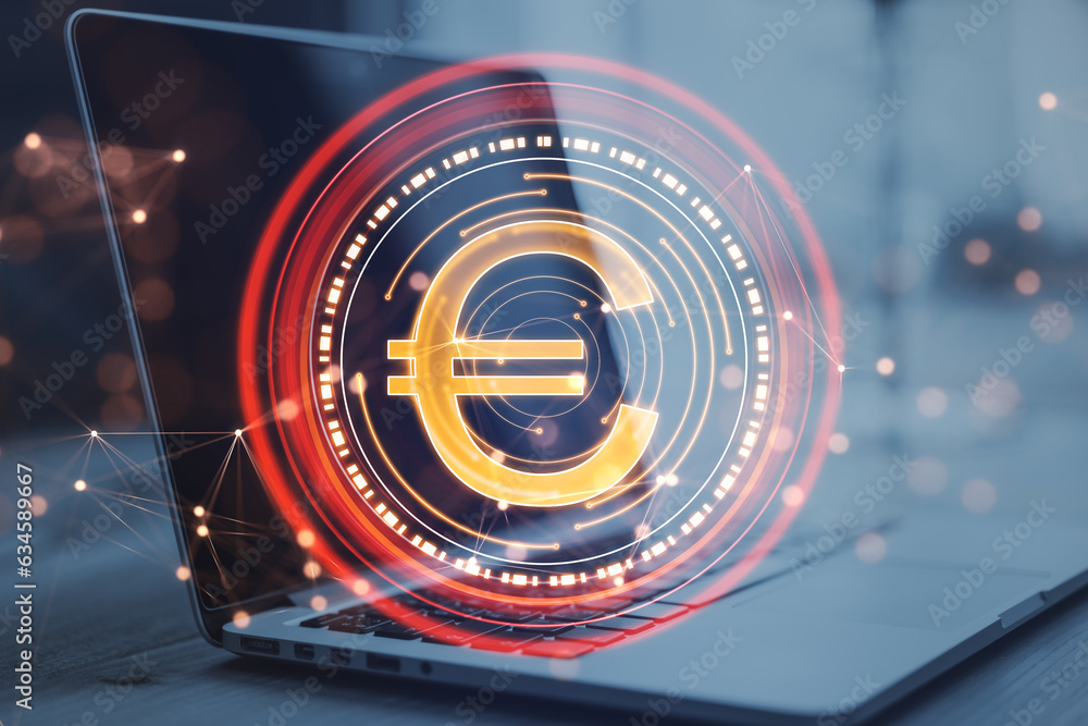 Poster Close up of laptop computer with abstract red digital euro coin with polygonal bokeh mesh on blurry background. Online banking and trade concept. Double exposure.