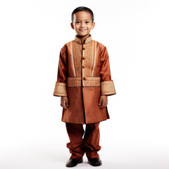 Studio shot of a Malaysian 8-year-old boy wearing traditional clothing.
