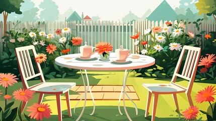 Obraz premium An illustration of a table and chairs with coffee cups in a garden with flowers AI Generated
