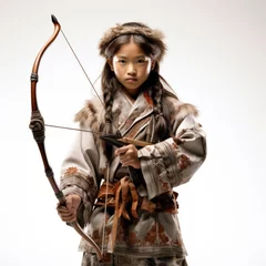 Fotobehang Studio shot of a Mongolian 8-year-old boy in a deel, with a traditional bow and arrow set, isolated on a pure white background. © GraphicsRF