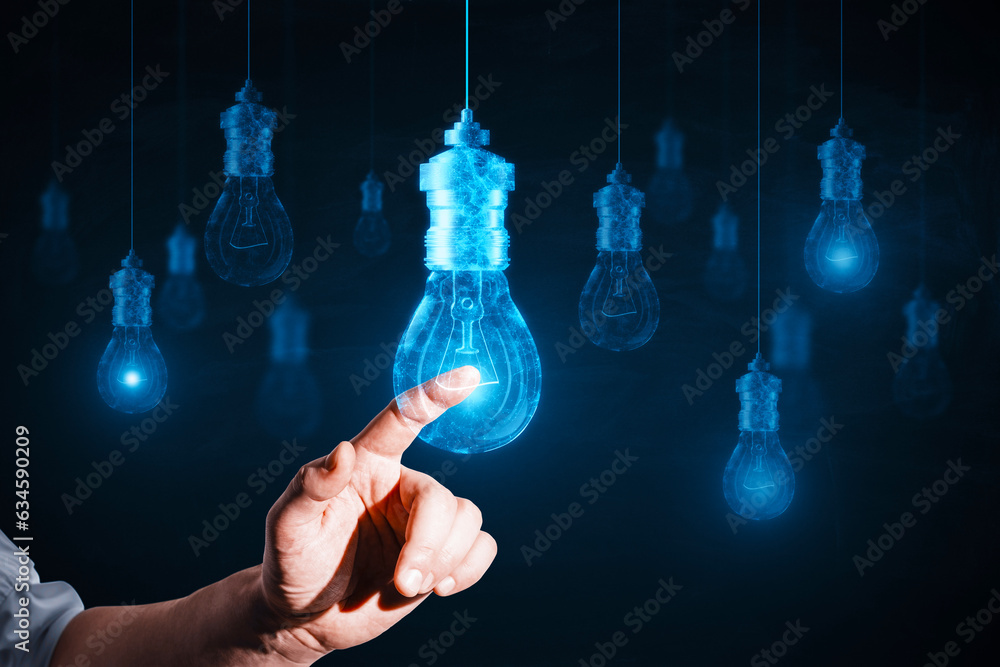 Poster bright idea and creativity concept with man finger touching digital blue glowing light bulb on abstr