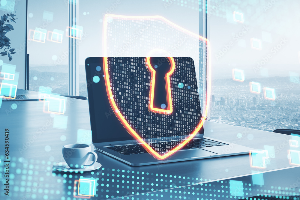 Poster cyber security and personal data privacy concept with digital shield symbol on modern laptop on the 