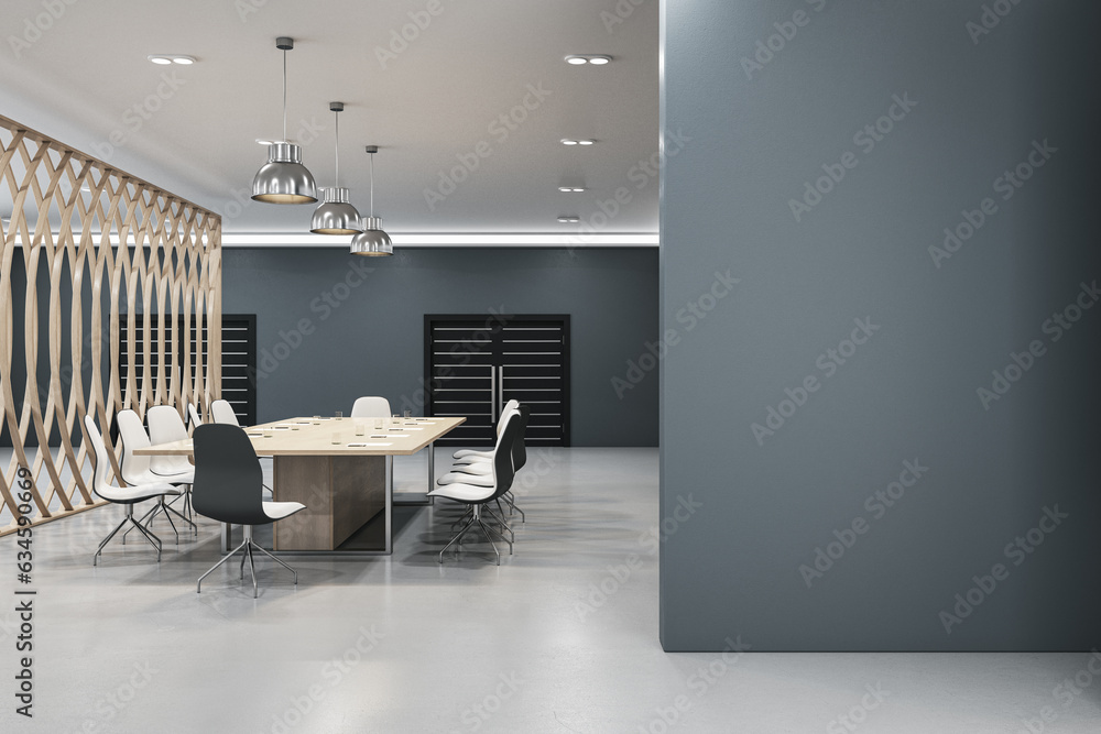 Poster Front view of blank dark wall with place for poster or image frame and empty modern coworking office interior on a background. 3D Rendering, mockup