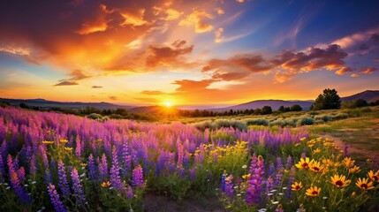 Meadow of lavender and wildflowers with mountains at sunset AI Generated