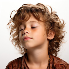 Naklejka premium Professional studio head shot of a drowsy 5-year-old German boy with half-closed eyes.