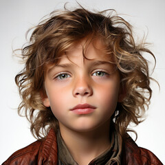 Naklejka premium Professional studio head shot of a drowsy 5-year-old German boy with half-closed eyes.