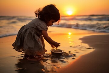 A little girl playing with sand on the beach at sunset AI Generated