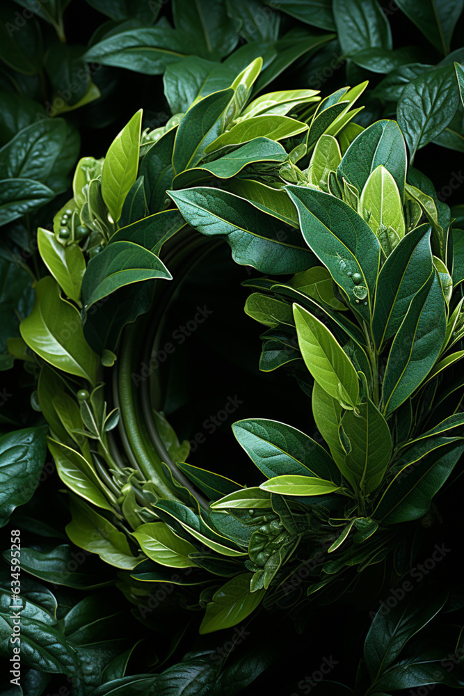 Poster a close-up of a laurel wreath's leaves, capturing their vibrant green color and the intricate patter