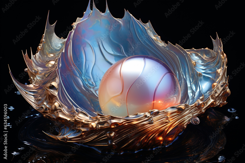 Poster A close-up of a single pearl glistening within a shell against a black backdrop, emphasizing its purity and luminosity.  Generative AI technology.