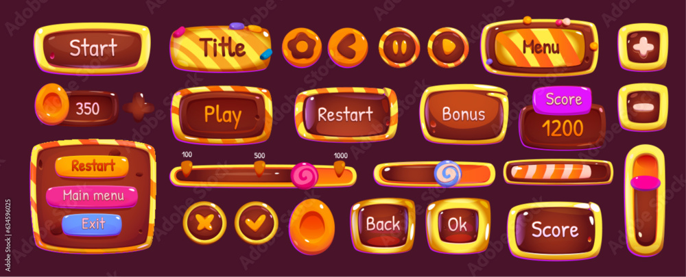Poster ui game candy interface square cartoon icon button. glossy app play arrow, panel and slider icons el