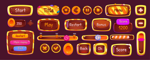 Ui game candy interface square cartoon icon button. Glossy app play arrow, panel and slider icons element in pink, yellow and chocolate color. Gui menu mobile user item for start and score badge