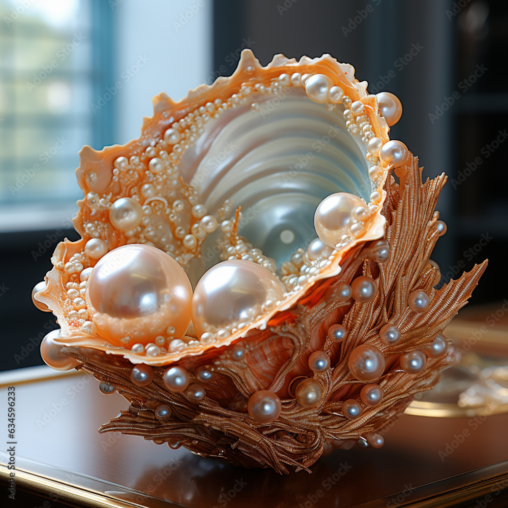 Poster A photograph of a pearl in its early stages of formation within a shell, capturing the intricate process of pearl growth.  Generative AI technology.