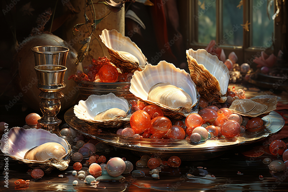 Poster An image of a skilled artisan carefully extracting pearls from a shell, illustrating the meticulous process of pearl harvesting.  Generative AI technology.