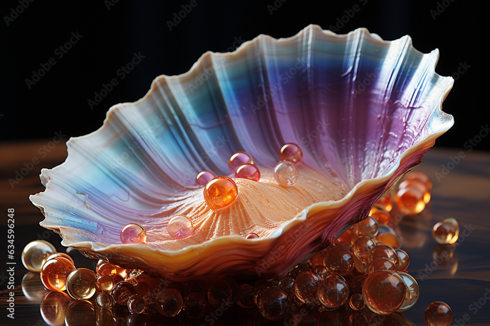 Poster A close-up photograph capturing the iridescent beauty of pearls nestled within the delicate folds of an open shell, Generative AI technology.