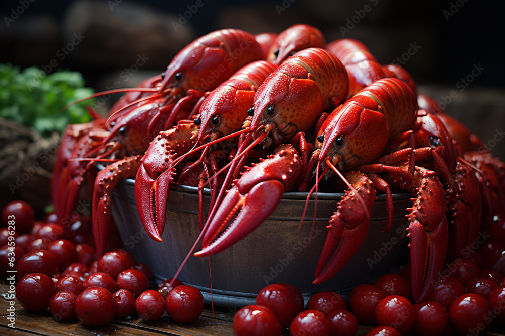 Poster An image of a lobster claw resting on a pile of lobster shells, offering a unique perspective on these creatures' anatomy.  Generative AI technology.