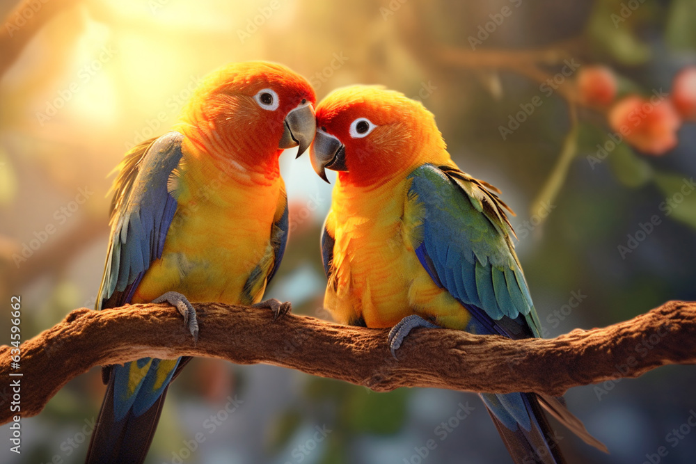 Poster a pair of lovebirds sitting on a perch, representing the harmony and affection found in avian compan