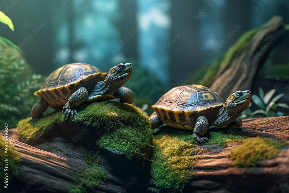 Poster A pair of turtles basking on a log in a terrarium, representing the calm and low-maintenance nature of keeping turtles as pets. Generative AI technology.