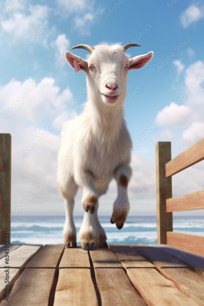 Poster a goat playfully climbing on a wooden platform, reflecting the rising popularity of keeping goats as