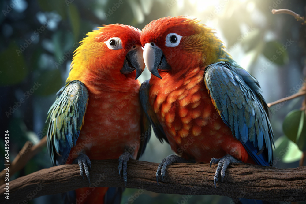 Poster a pair of lovebirds perched side by side, symbolizing the affection and strong bond between these sm
