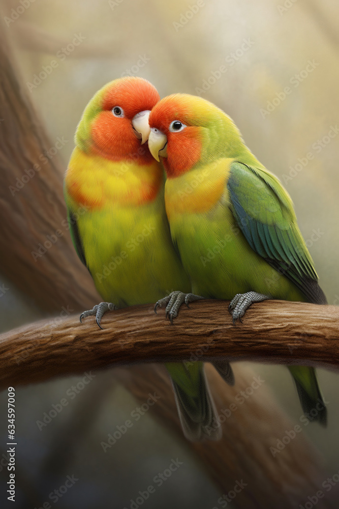 Poster a pair of lovebirds perched on a branch, symbolizing the affection and strong bond between these sma