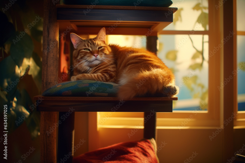 Poster a contented cat napping on a cozy cat tower, embodying the relaxed and independent nature of feline 