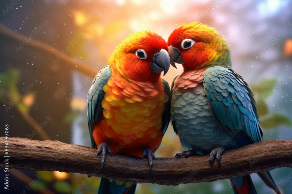Poster a pair of lovebirds sitting on a perch, representing the harmony and affection found in avian compan