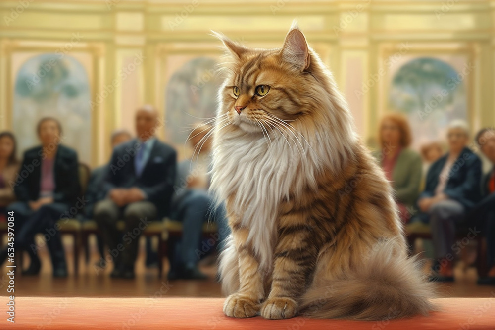 Poster a well-groomed show cat being admired by a judge in a cat show, highlighting the variety and beauty 