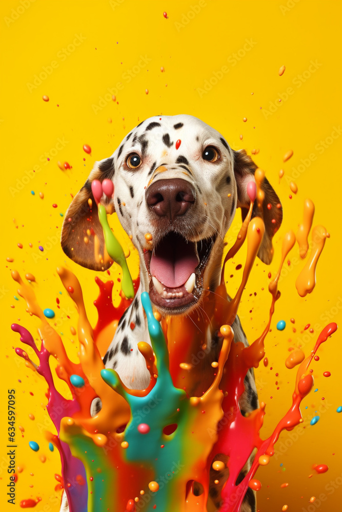 Aufkleber An abstract surreal photograph of a Dog splashed in bright paint, contemporary colors and mood social background. Generative AI technology.
