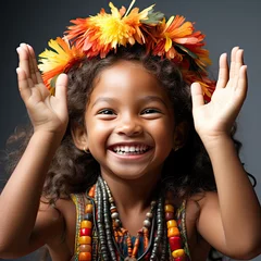 Photo sur Plexiglas Enfants A professional studio head shot capturing the jubilant expression of a 9-year-old girl from Papua New Guinea, with her hands clapping in joy.